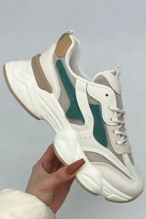 WHITE/GREEN CHUNKY SPORTS PLATFORM WOMEN'S TRAINERS