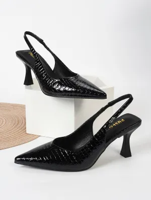 Women Crocodile Embossed Point Toe Pyramid Heeled Slingback Pumps, Elegant Black Ankle Strap Heeled Pumps