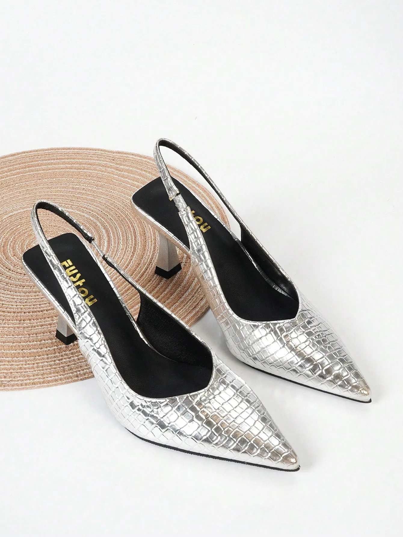 Women Crocodile Embossed Point Toe Pyramid Heeled Slingback Pumps, Elegant Black Ankle Strap Heeled Pumps