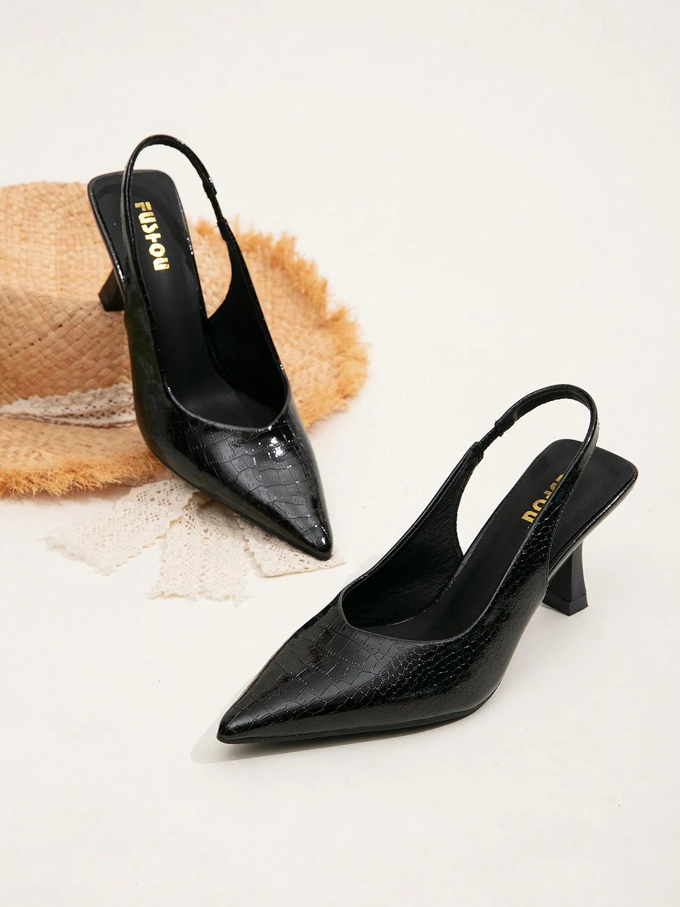 Women Crocodile Embossed Point Toe Pyramid Heeled Slingback Pumps, Elegant Black Ankle Strap Heeled Pumps