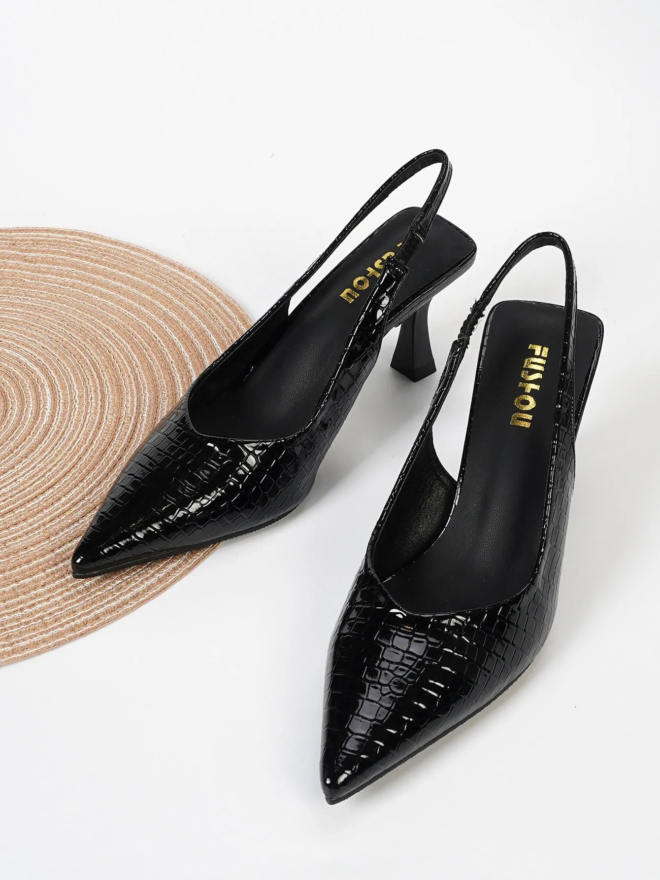 Women Crocodile Embossed Point Toe Pyramid Heeled Slingback Pumps, Elegant Black Ankle Strap Heeled Pumps