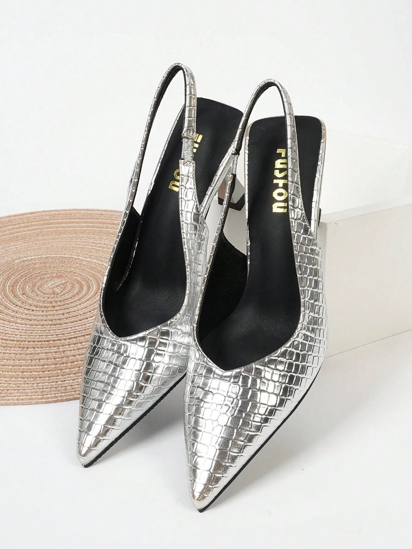 Women Crocodile Embossed Point Toe Pyramid Heeled Slingback Pumps, Elegant Black Ankle Strap Heeled Pumps