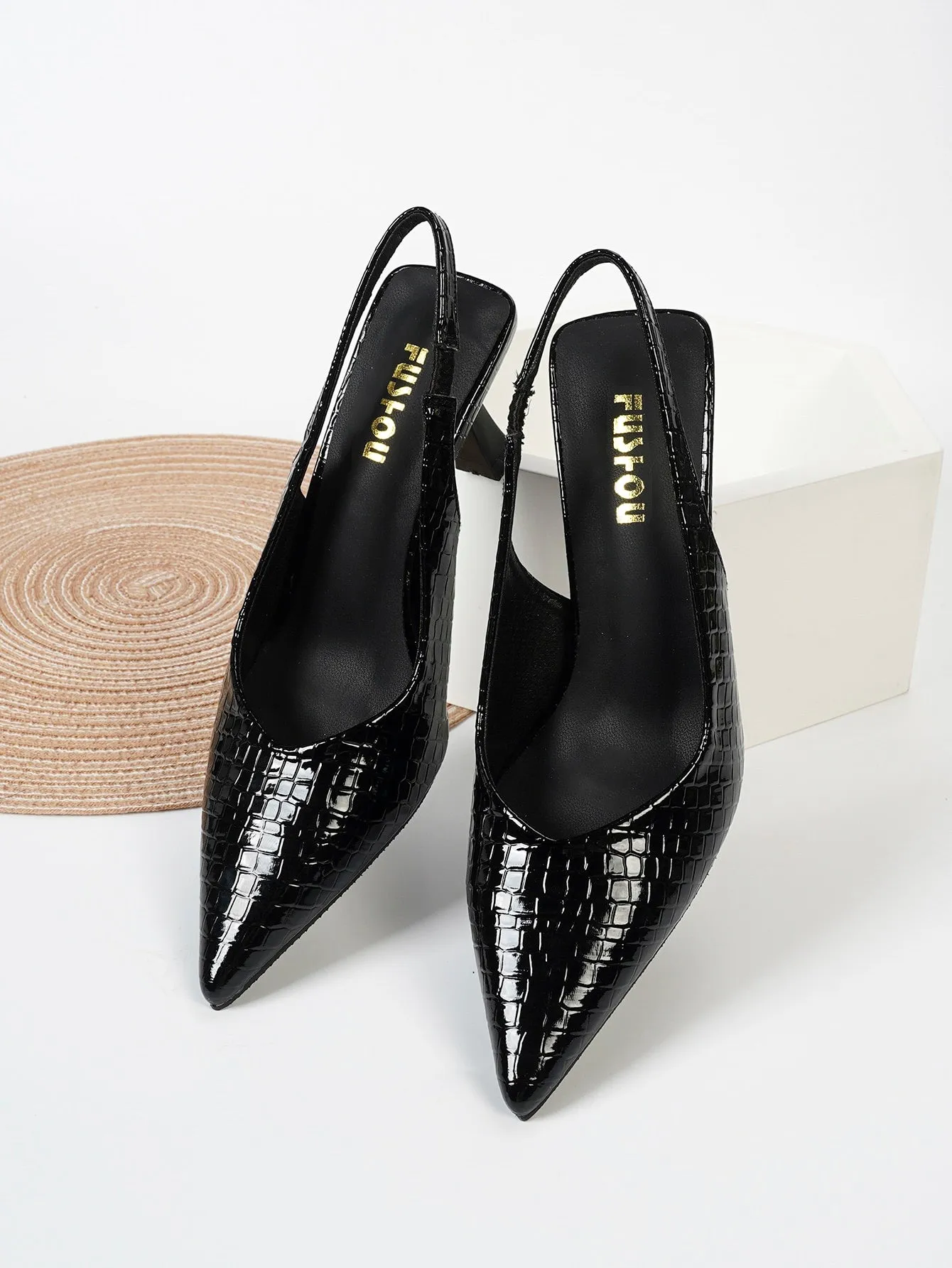 Women Crocodile Embossed Point Toe Pyramid Heeled Slingback Pumps, Elegant Black Ankle Strap Heeled Pumps