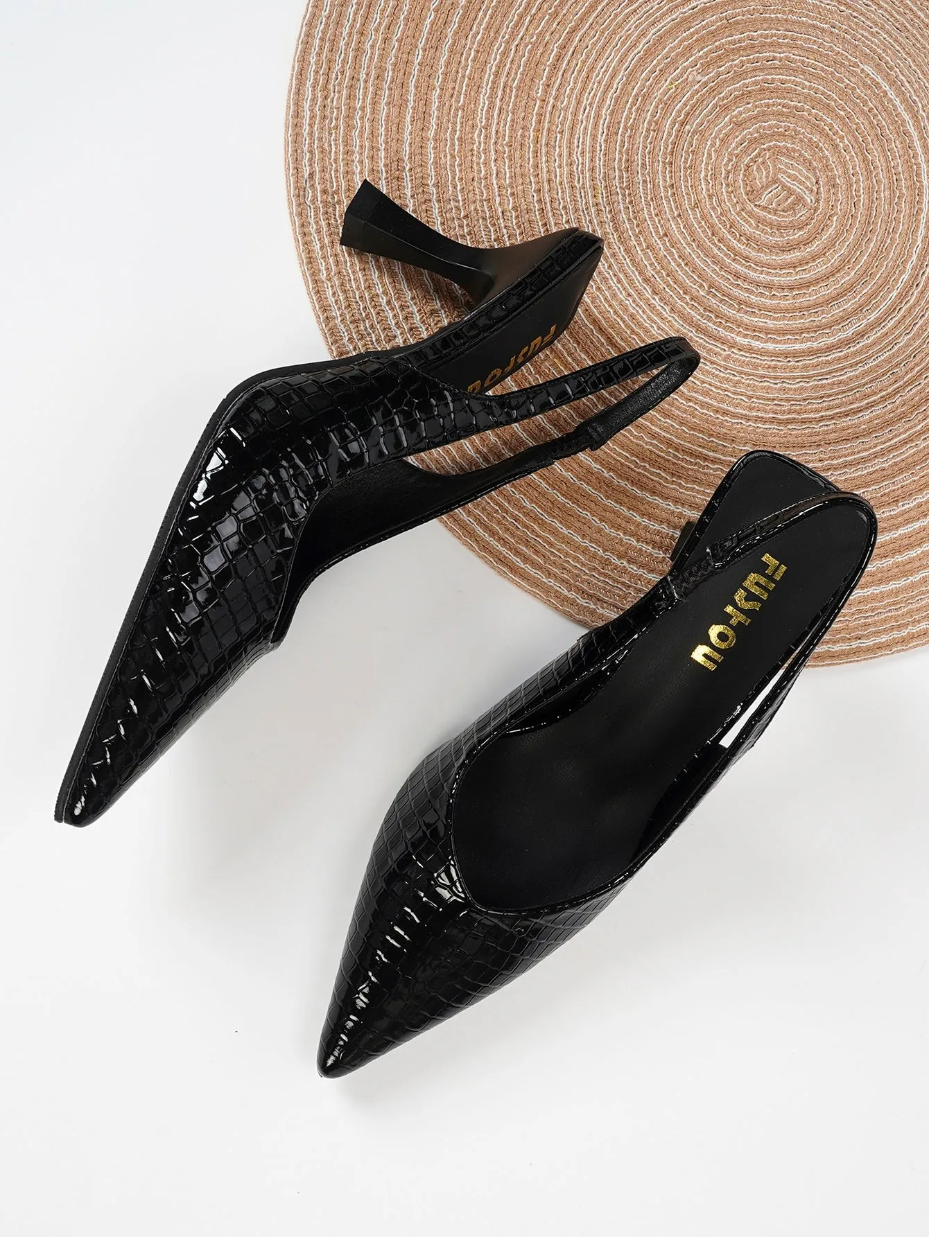 Women Crocodile Embossed Point Toe Pyramid Heeled Slingback Pumps, Elegant Black Ankle Strap Heeled Pumps