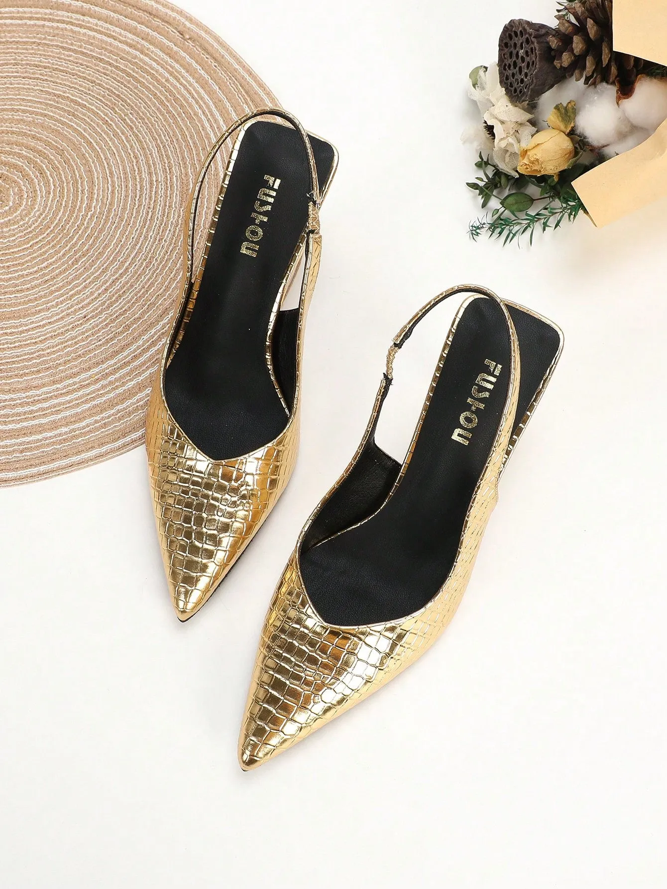 Women Crocodile Embossed Point Toe Pyramid Heeled Slingback Pumps, Elegant Black Ankle Strap Heeled Pumps