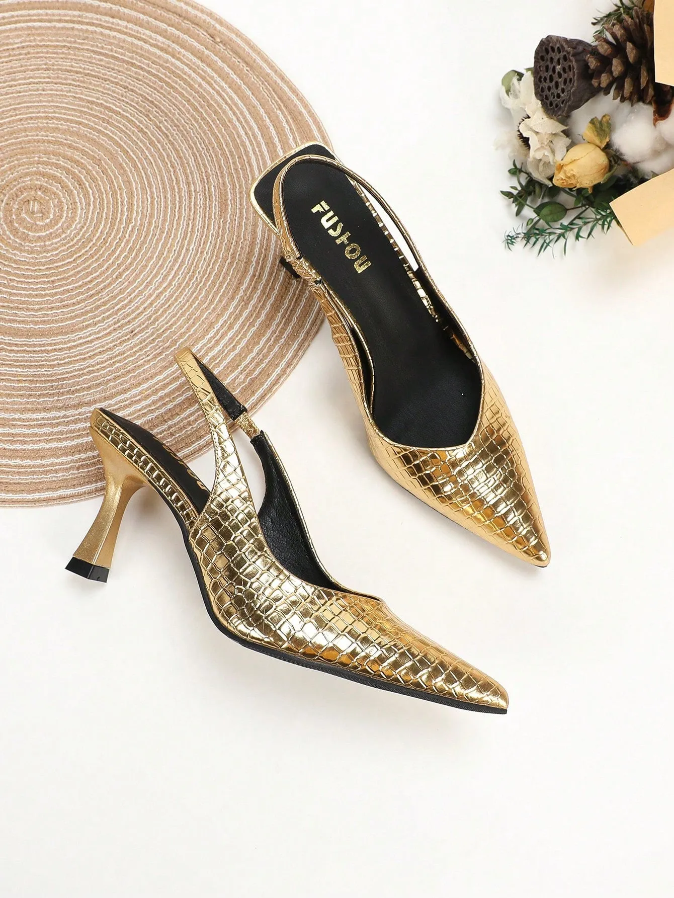 Women Crocodile Embossed Point Toe Pyramid Heeled Slingback Pumps, Elegant Black Ankle Strap Heeled Pumps