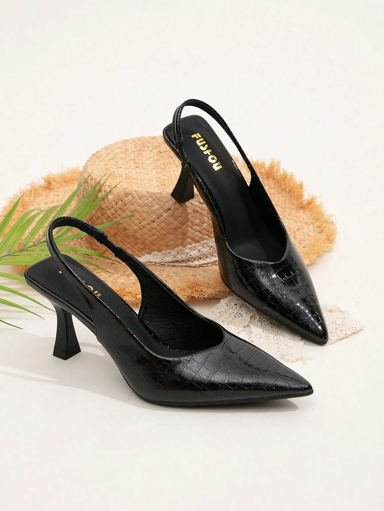 Women Crocodile Embossed Point Toe Pyramid Heeled Slingback Pumps, Elegant Black Ankle Strap Heeled Pumps