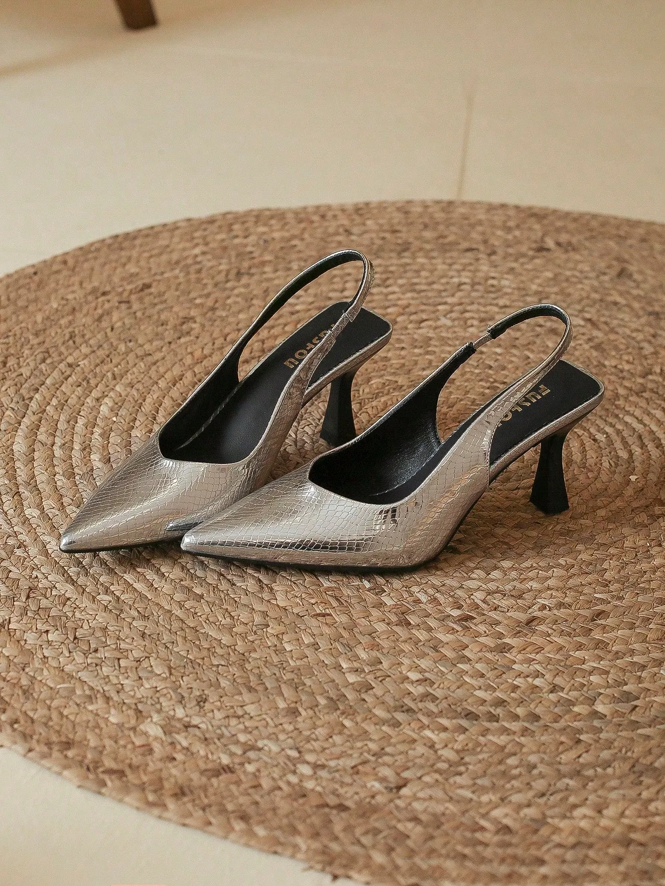 Women Crocodile Embossed Point Toe Pyramid Heeled Slingback Pumps, Elegant Black Ankle Strap Heeled Pumps