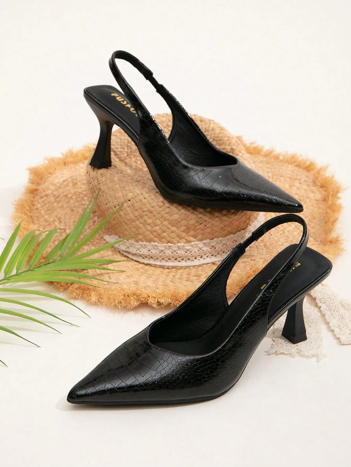 Women Crocodile Embossed Point Toe Pyramid Heeled Slingback Pumps, Elegant Black Ankle Strap Heeled Pumps