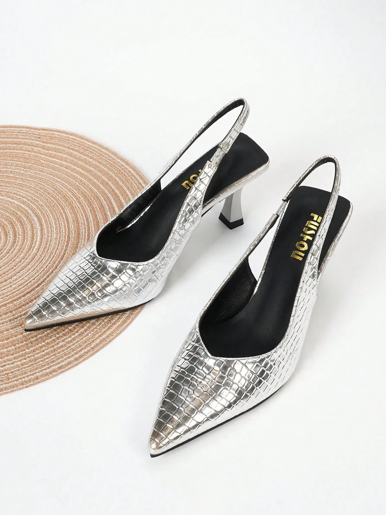 Women Crocodile Embossed Point Toe Pyramid Heeled Slingback Pumps, Elegant Black Ankle Strap Heeled Pumps