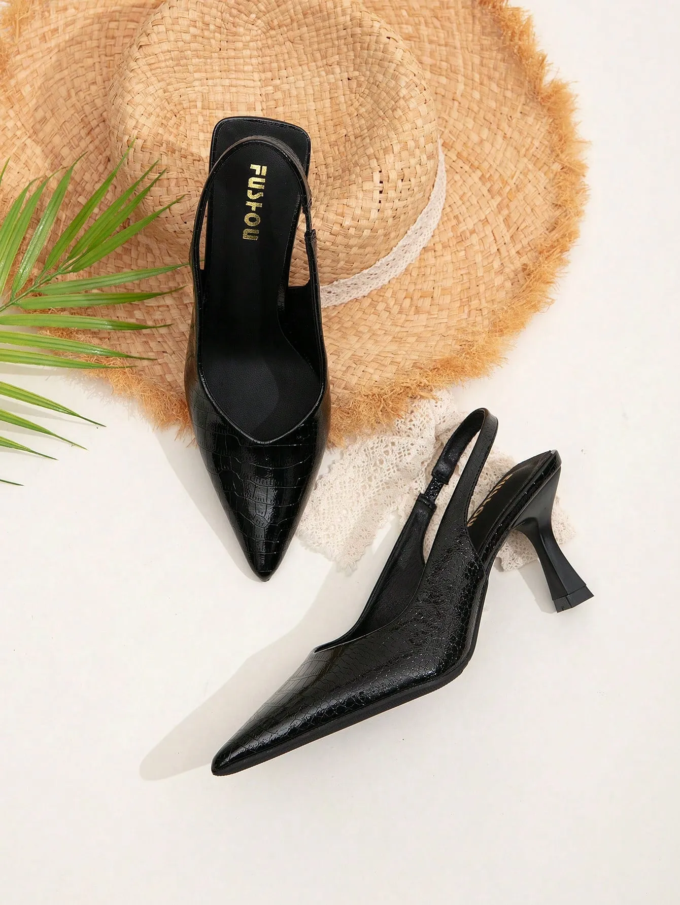 Women Crocodile Embossed Point Toe Pyramid Heeled Slingback Pumps, Elegant Black Ankle Strap Heeled Pumps