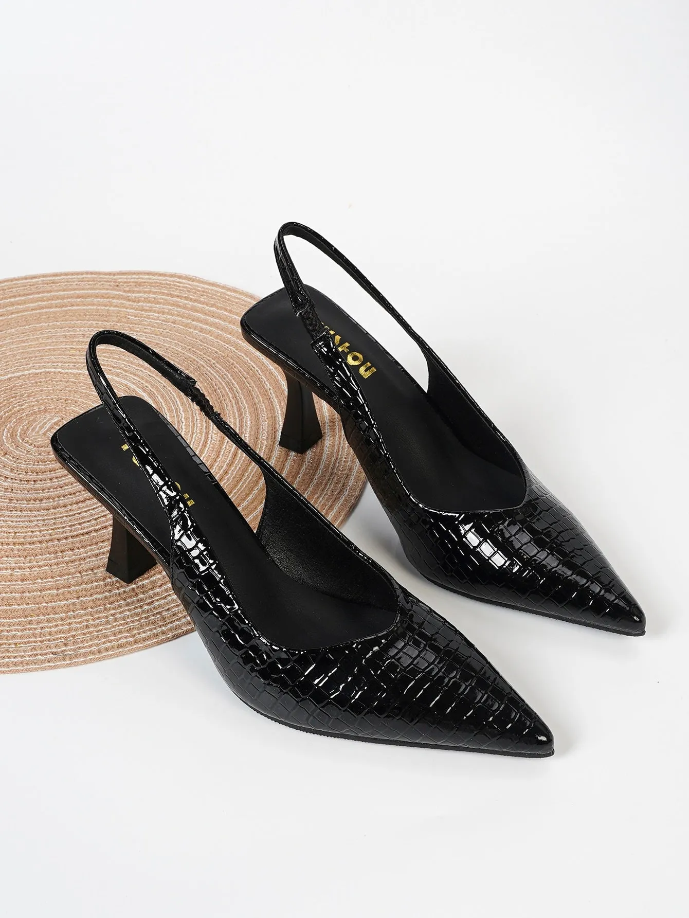 Women Crocodile Embossed Point Toe Pyramid Heeled Slingback Pumps, Elegant Black Ankle Strap Heeled Pumps