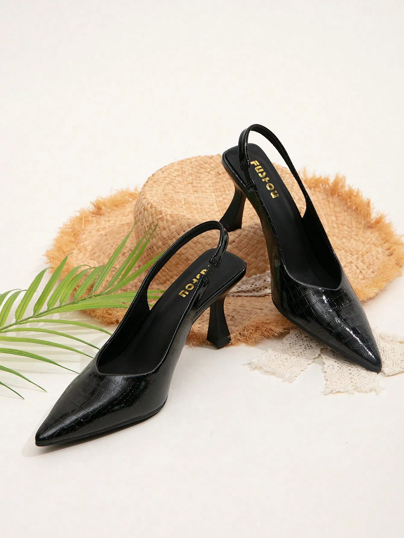 Women Crocodile Embossed Point Toe Pyramid Heeled Slingback Pumps, Elegant Black Ankle Strap Heeled Pumps