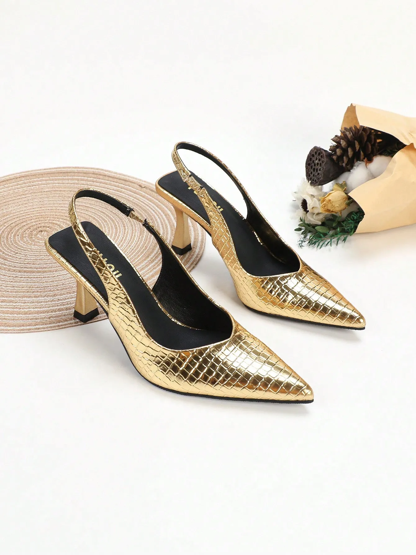 Women Crocodile Embossed Point Toe Pyramid Heeled Slingback Pumps, Elegant Black Ankle Strap Heeled Pumps