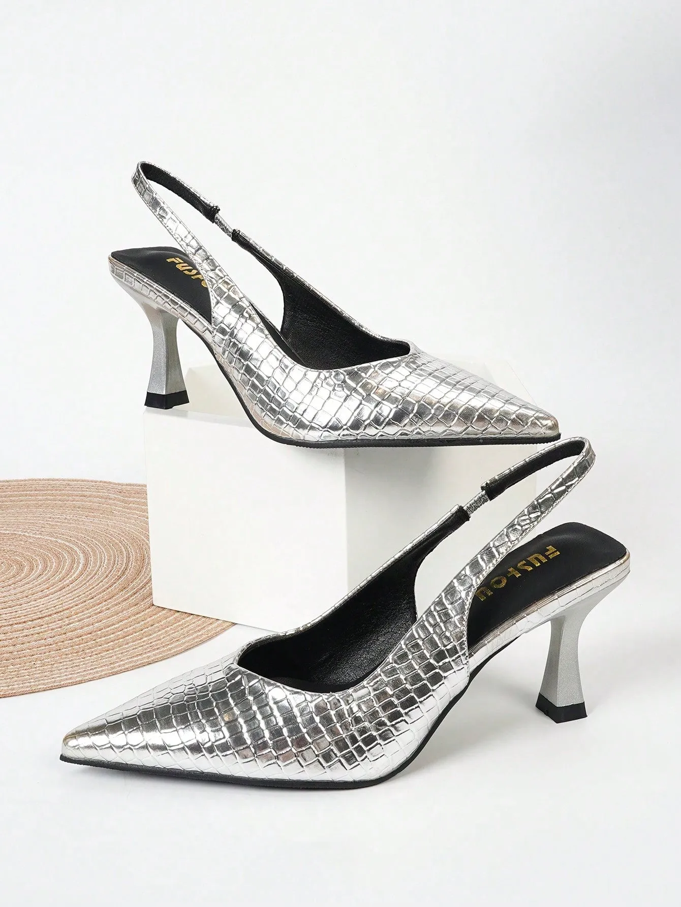 Women Crocodile Embossed Point Toe Pyramid Heeled Slingback Pumps, Elegant Black Ankle Strap Heeled Pumps