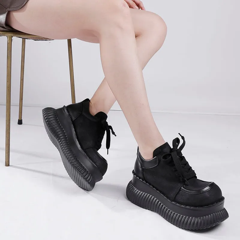 Women Handmade Leather Round Toe Lace Up Platform Sneakers in Coffee/Black