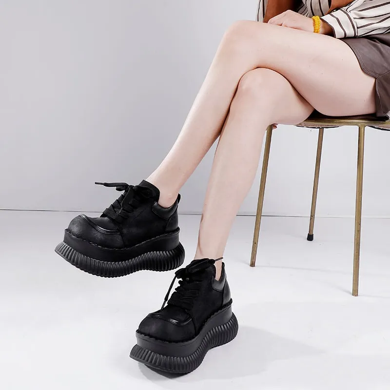 Women Handmade Leather Round Toe Lace Up Platform Sneakers in Coffee/Black