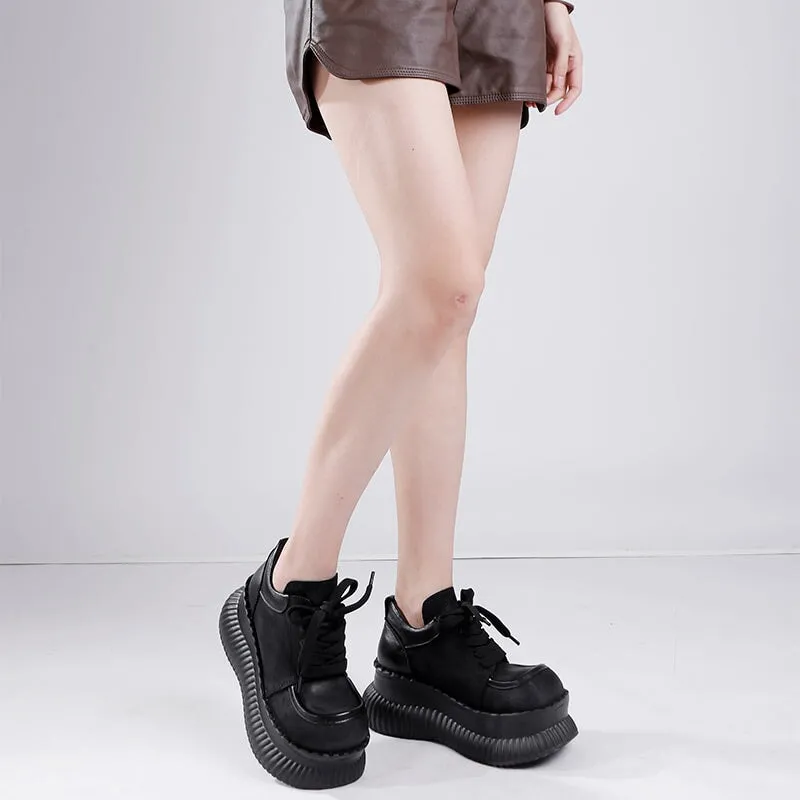 Women Handmade Leather Round Toe Lace Up Platform Sneakers in Coffee/Black