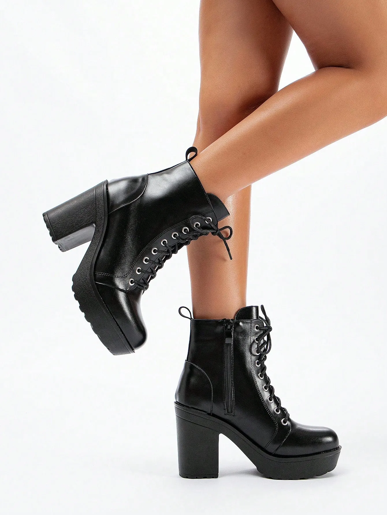 Women Minimalist Lace Up Front Chunky Heeled Combat Boots