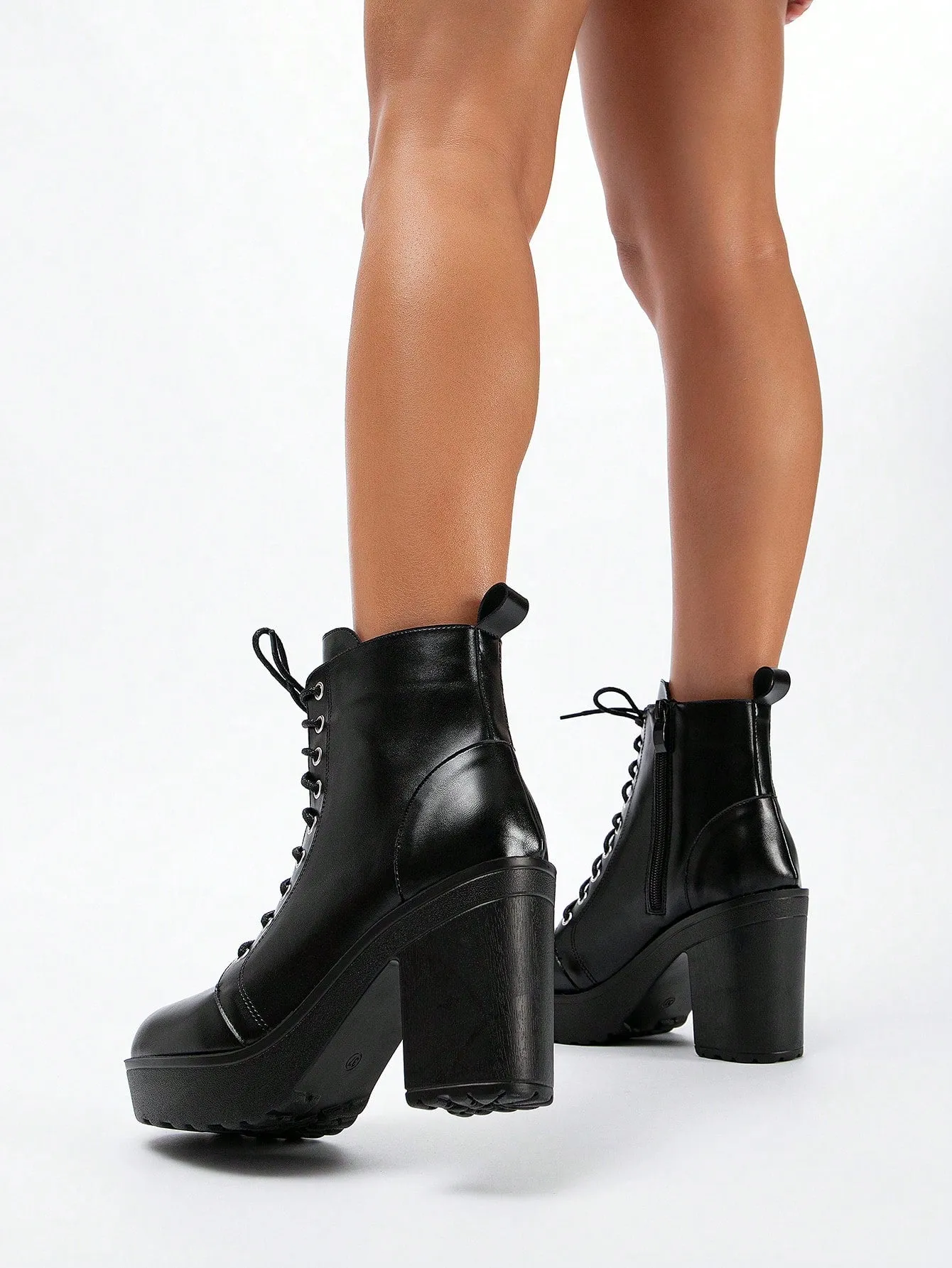 Women Minimalist Lace Up Front Chunky Heeled Combat Boots