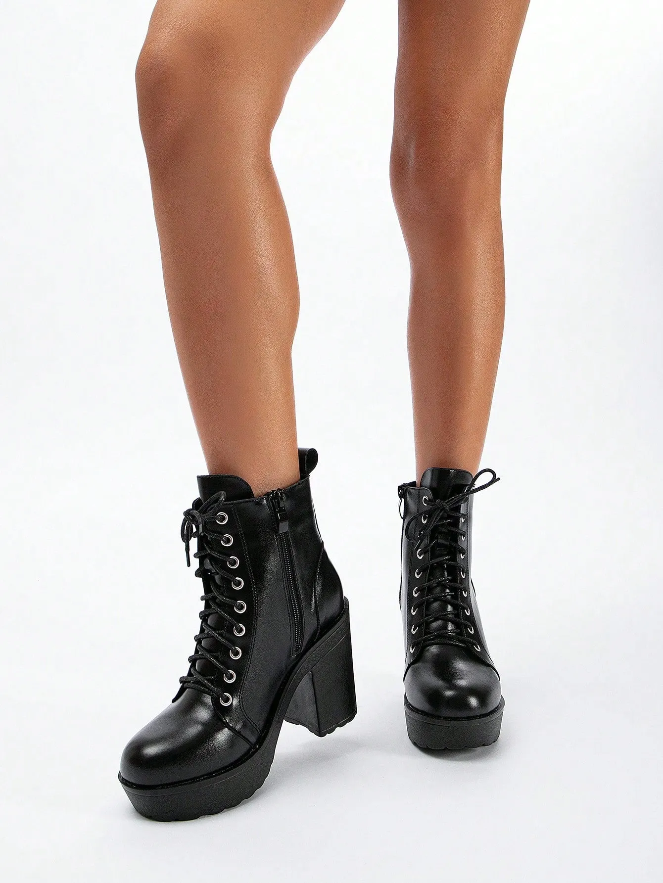 Women Minimalist Lace Up Front Chunky Heeled Combat Boots