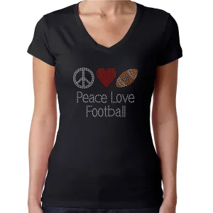 Womens T-Shirt Rhinestone Bling Black Fitted Tee Peace Love Heart Football